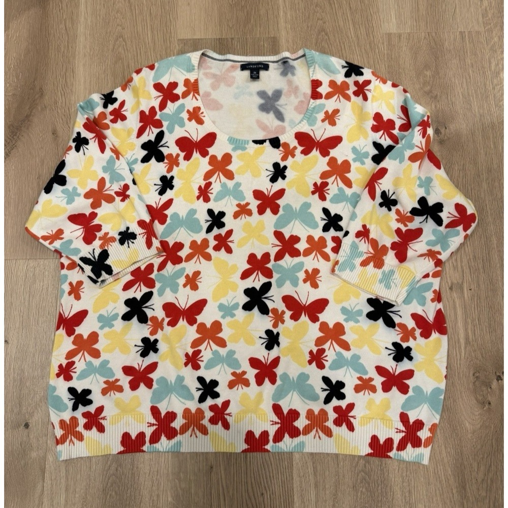 Lands' End Womens Plus Size 3X Multicolor Butterfly Print 3/4 Sleeve Sweater